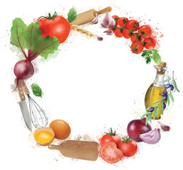 Healthy food vegetables wreath frame composition. 300 ppi. Restaurant cafe