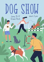 Vertical poster for breed show vector flat illustration. Advertising for dog or cynologist championship event. Pet owners performing tricks with their pers. Promo template with place for text