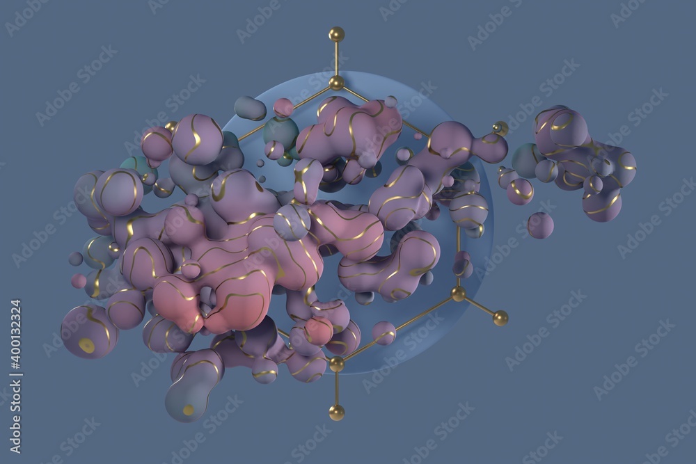 Poster cluster of abstract spheres and blobs, gold, pink and blue, 3d render / rendering