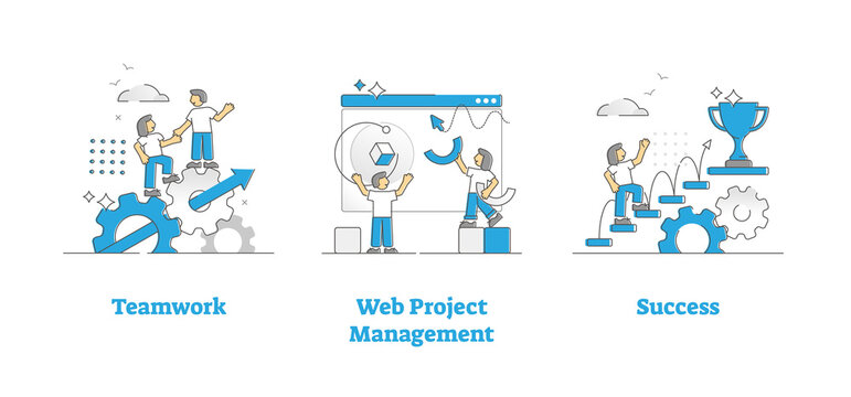 Teamwork, web project management and success outline spot illustrations set