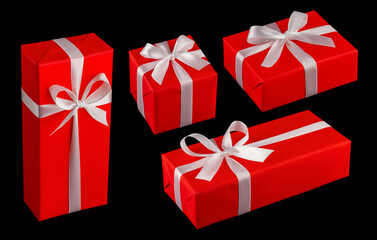 Many red gifts of different shapes and sizes with a white ribbon on a black background.