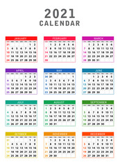 2021 Calendar, Colorful Calendar 2021 year set, Week Starts Sunday. Colorful year 2021 calendar isolated on white background. Week starts Sunday. Vector template