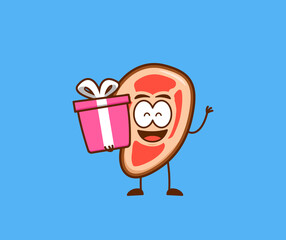 Cute meat people give present gift with gorgeous happy smile vector character cartoon mascot illustration