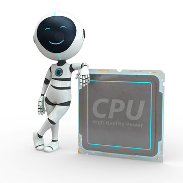 Robot leans on CPU 3D Illustration
