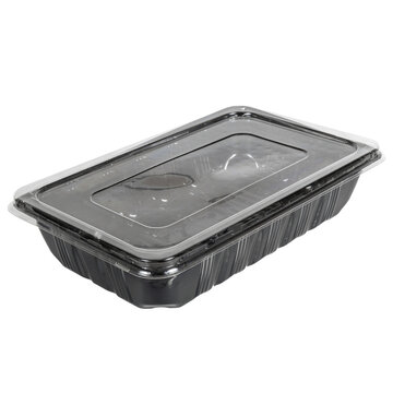 Black disposable plastic food storage container closed with a transparent lid. Isolated on white