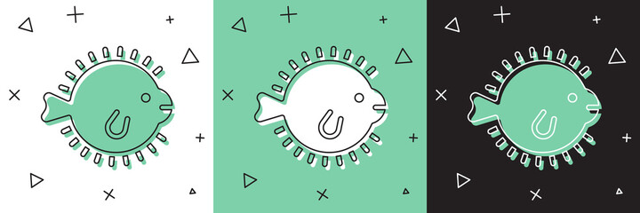 Set Puffer fish icon isolated on white and green, black background. Fugu fish japanese puffer fish. Vector. © Vadim