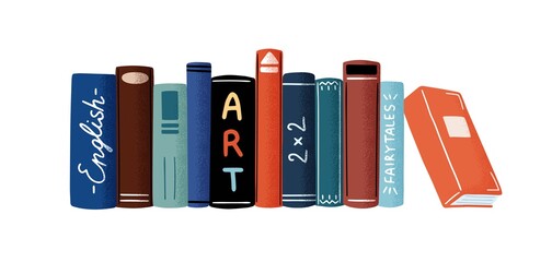 Row of different colorful books for children vector flat cartoon illustration. Horizontal pile of various educational and entertainment literature with bright covers isolated on white background