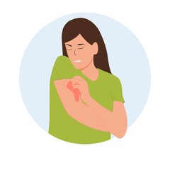 Woman scratches her hand. Local itching on the arm, allergic itching, inflammation of the skin, redness and irritation.Atopic dermatitis, eczema, dry skin.Concept, isolated, vector