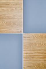 Wooden wardrobe door panels made of light brown natural oak timber with elegant texture patterns and blank grey parts