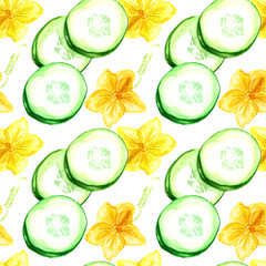 watercolor seamless pattern, consists of: cucumber circles and cucumber flowers. suitable for interior textiles and kitchens.