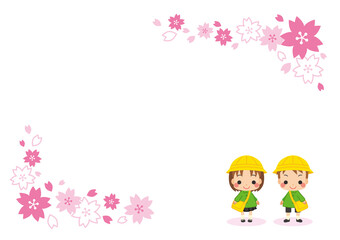 幼稚園に入園する可愛い女の子と男の子のイラスト　仲良しキッズペア　桜フレーム