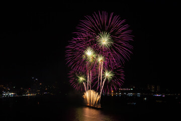 Colorful firework over Pattaya beach during International Festival, celebration for New Year