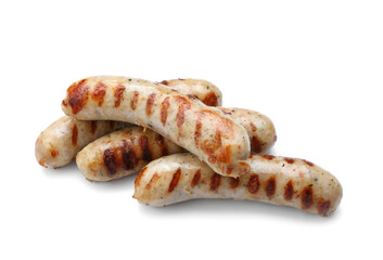 Delicious grilled sausages on white background
