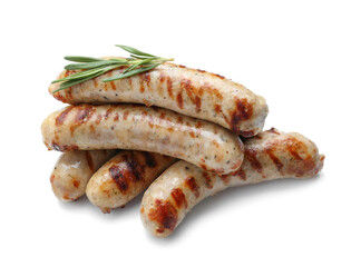 Delicious grilled sausages with rosemary on white background