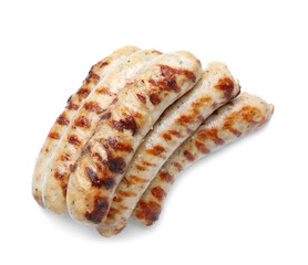 Delicious grilled sausages on white background