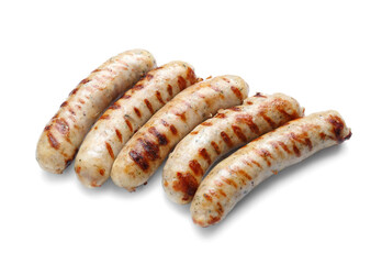 Delicious grilled sausages on white background