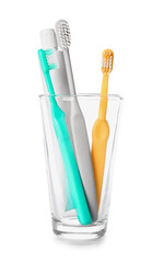 Holder with toothbrushes and toothpaste isolated on white background