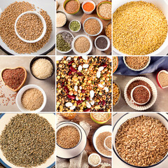 Collage of ancient grains, seeds, beans