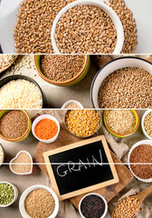 Collage of ancient grains, seeds, beans