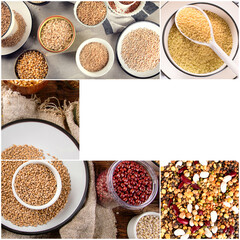 Collage of ancient grains, seeds, beans