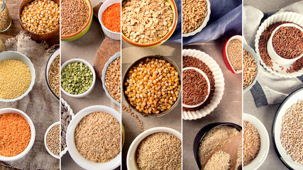 Collage of ancient grains, seeds, beans