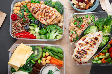 Takeaway lunch boxes with homemade nutrition food - meat, vegetables and fruits.
