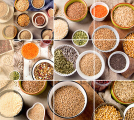 Collage of ancient grains, seeds, beans