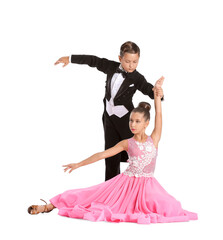 Cute little children dancing against white background