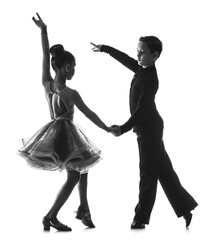 Silhouette of little children dancing against white background