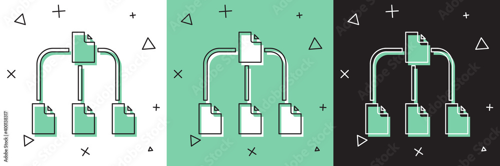Aufkleber set folder tree icon isolated on white and green, black background. computer network file folder org