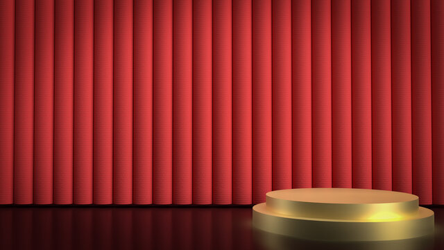 The Gold Stage And  Red Curtain  For Background 3d Rendering.