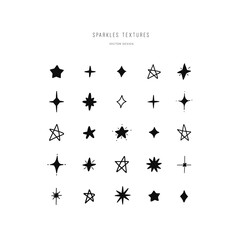 Set of 25 different stars and sparkles. Bundle of various shining textures and decorations. Vector hand drawn design elements.	