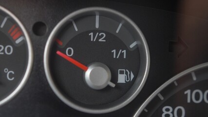 Fuel Gauge and Indicator Lights of Starting and Stopping Car Close Up
