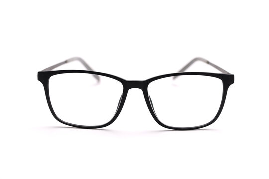 Closeup of black rimmed eyeglasses isolated on white background
