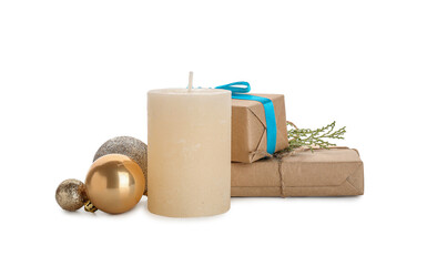 Beautiful Christmas composition with aroma candle on white background