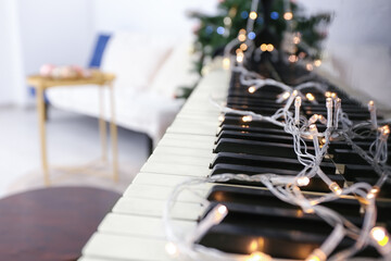 Grand piano decorated for Christmas, closeup