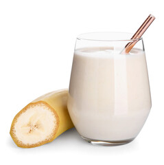 Glass of tasty banana smoothie on white background