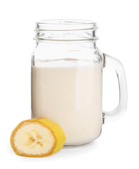 Mason jar of tasty banana smoothie on white background