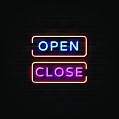 Open close neon sign. design template, modern trend design, night neon signboard, night bright advertising, light banner. Vector illustration