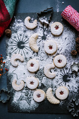 dark food christmas butter shortbread gingerbread cookie bisquits with sugar, coconut and cinnamon. Winter holiday baked dessert