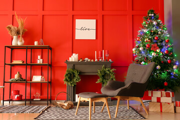 Interior of living room decorated for Christmas