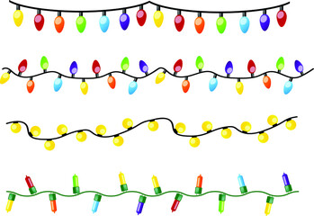 Christmas lights. Four different variations of garlands. Festive and wedding lights. Vector illustration.