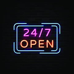 24 hours Neon signboard Vector. Open all day neon signs neon sign, design template, modern trend design, night neon signboard, night bright advertising, light banner. Vector illustration