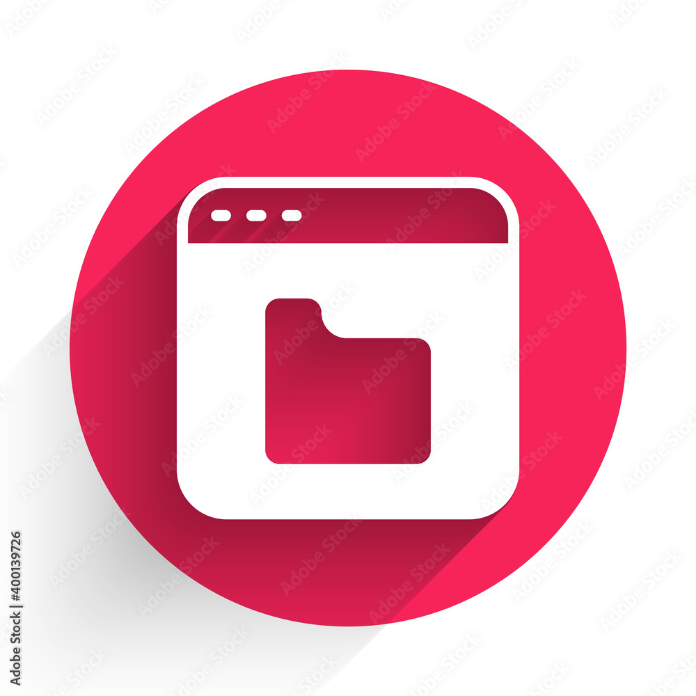 Poster white browser files icon isolated with long shadow background. red circle button. vector.