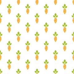 Seamless pattern with orange carrots with green rods on the white background.