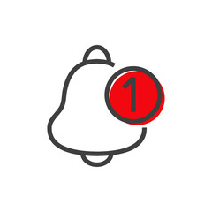 Campana de alarma de nuevo mensaje con número 1 en círculo. Logotipo con lineas en color gris y rojo