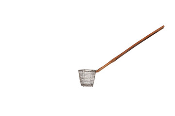 Hand holding Wire noodle strainer with Long bamboo handle isolated on white background