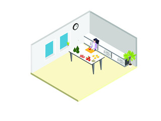 Woman cooking at home isometric 3d vector concept for banner, website, illustration, landing page, flyer, etc.