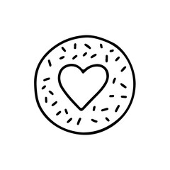 Hand drawn donut with a heart in doodle style isolated on white background. Vector outline illustration. Design for greeting card, banner, web, sticker, menu