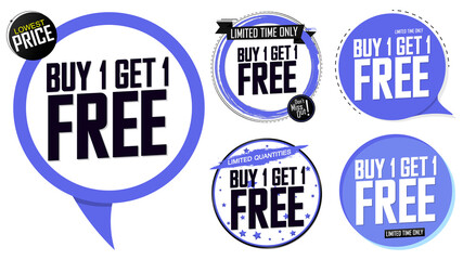 Set Buy 1 Get 1 Free tags, sale banners design template, discount badge collection, vector illustration